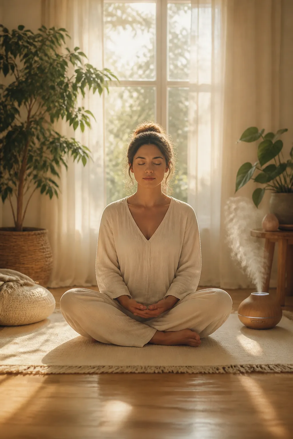 Woman in peaceful meditation session by a warm window